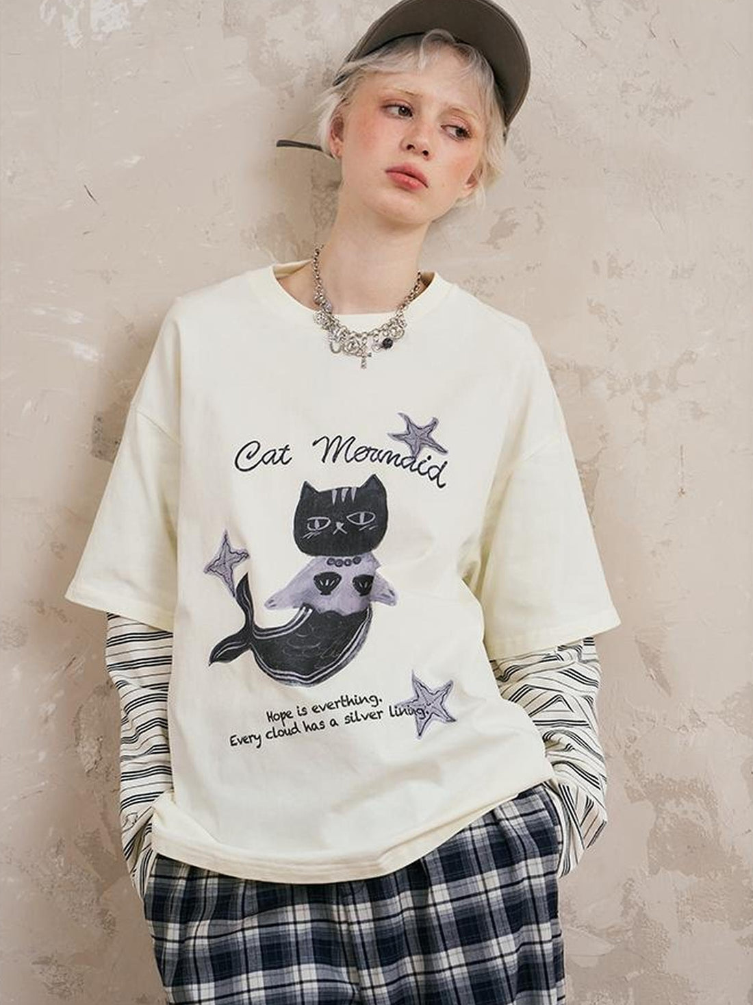DIDDI MODA Mermaid Cat Oversized Layered Tee With Stripe Sleeves