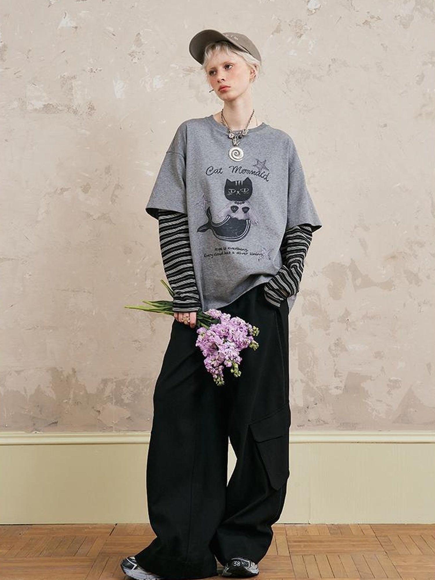 DIDDI MODA Mermaid Cat Oversized Layered Tee With Stripe Sleeves