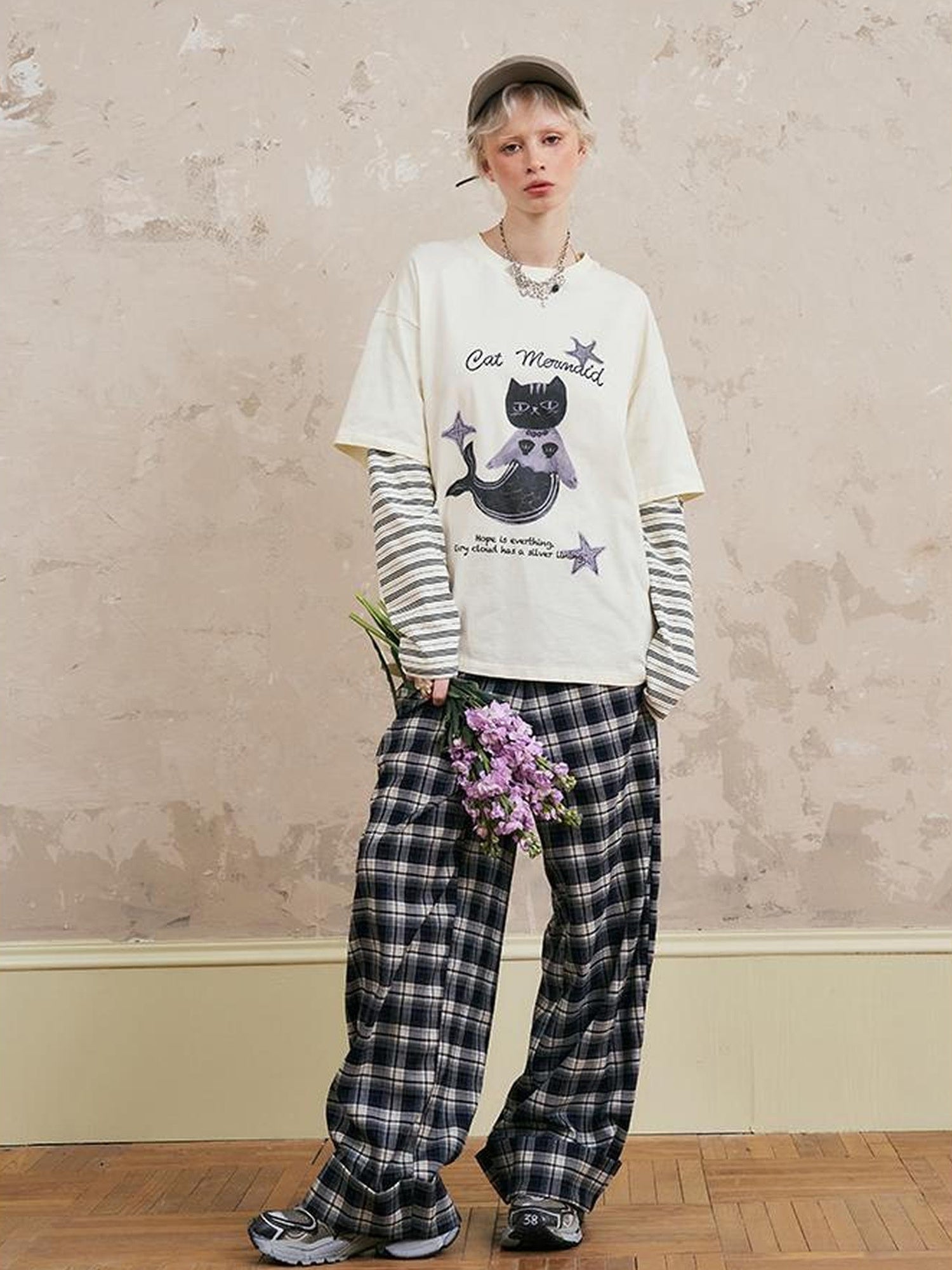 DIDDI MODA Mermaid Cat Oversized Layered Tee With Stripe Sleeves