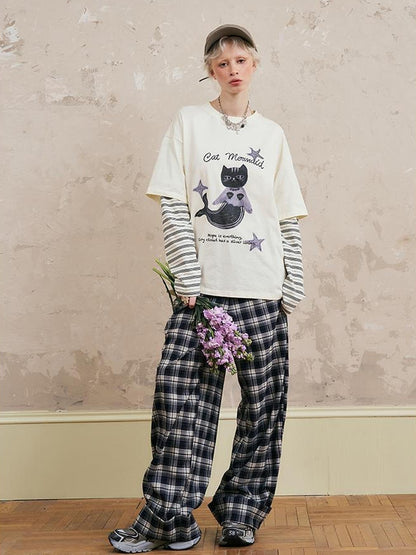 DIDDI MODA Mermaid Cat Oversized Layered Tee With Stripe Sleeves