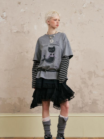 DIDDI MODA Mermaid Cat Oversized Layered Tee With Stripe Sleeves
