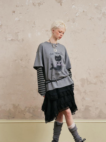 DIDDI MODA Mermaid Cat Oversized Layered Tee With Stripe Sleeves