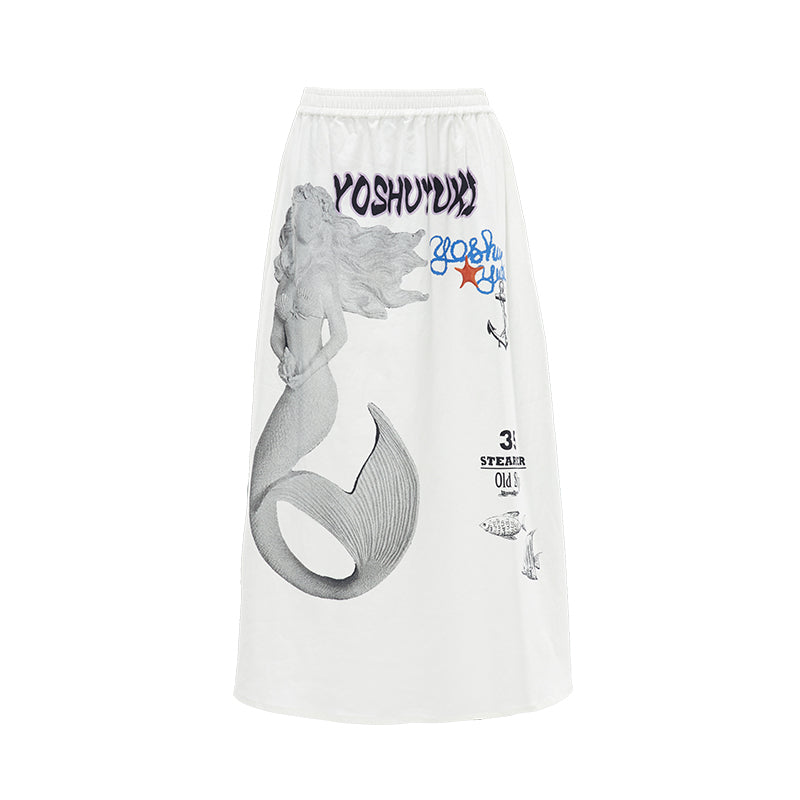 YOSHUYUKI  Island Mermaid Print Stretch Lyocell Midi Skirt