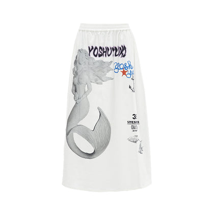 YOSHUYUKI  Island Mermaid Print Stretch Lyocell Midi Skirt