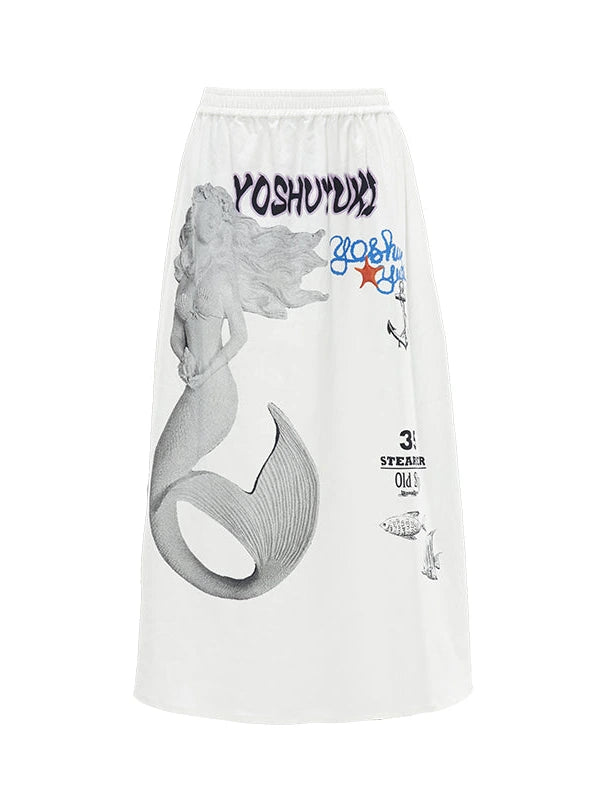 Island Mermaid Print Stretch Lyocell Midi Skirt