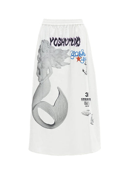 Island Mermaid Print Stretch Lyocell Midi Skirt