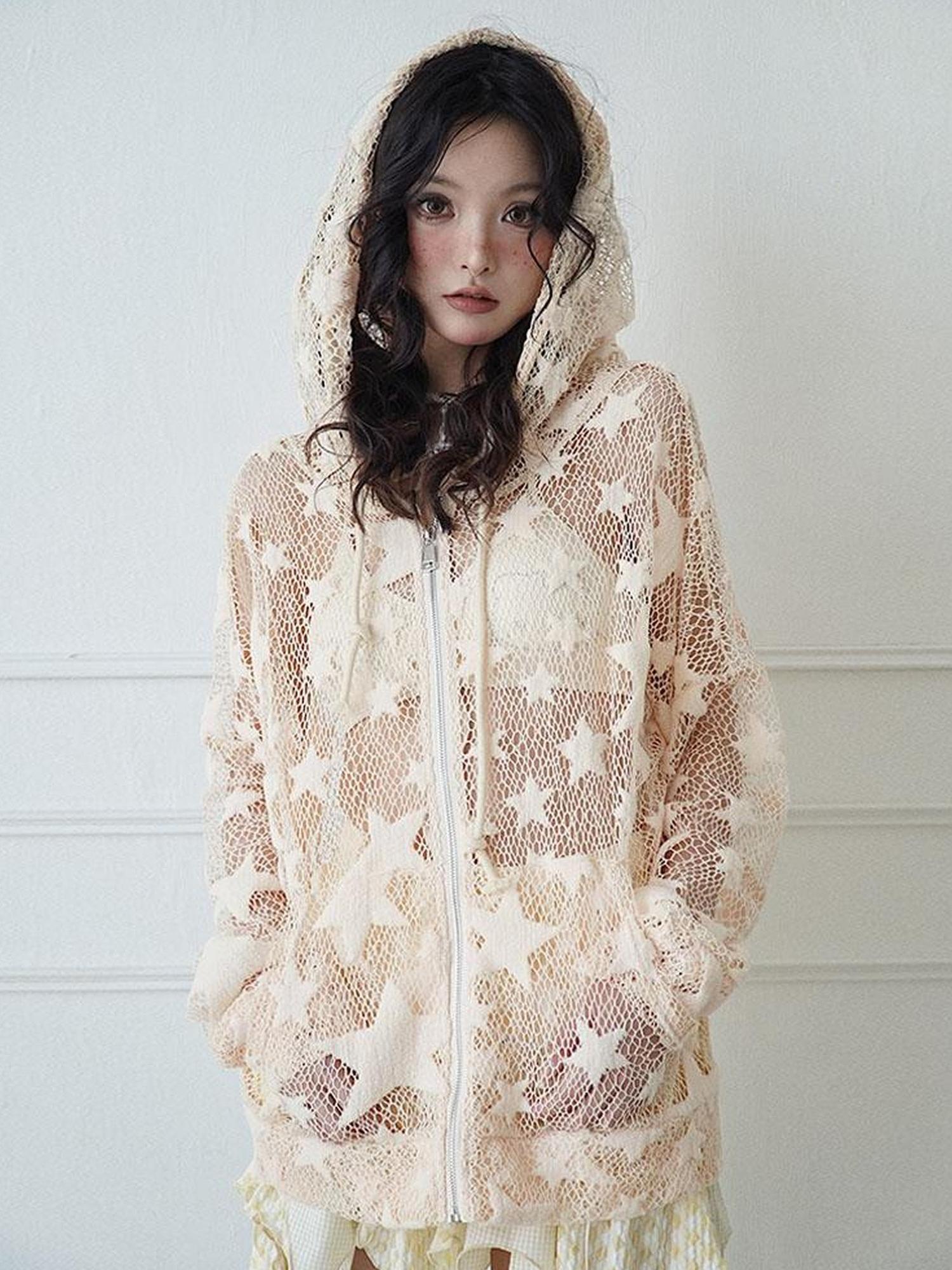 WSW WUSHENWU Mesh Hooded Sporty Open Front Jacket With Multi Functional Cut