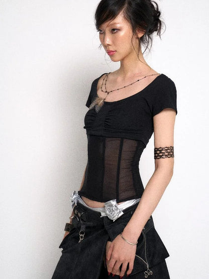 Mesh Stitching Knitted Waist Slim Fit T-Shirt