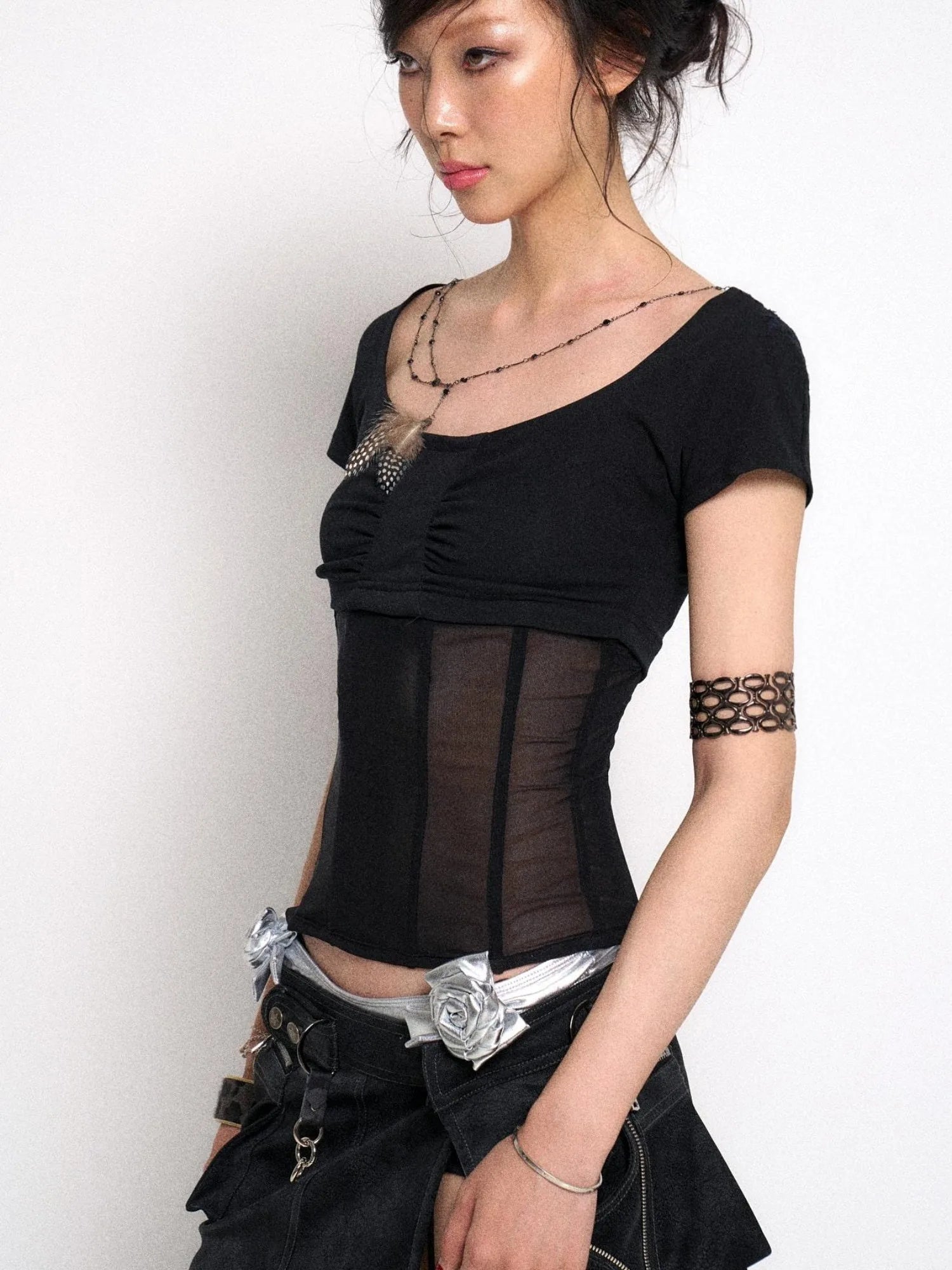 Mesh Stitching Knitted Waist Slim Fit T-Shirt