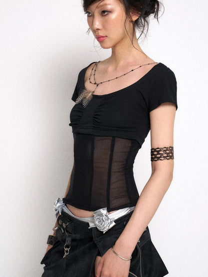 Mesh Stitching Knitted Waist Slim Fit T-Shirt