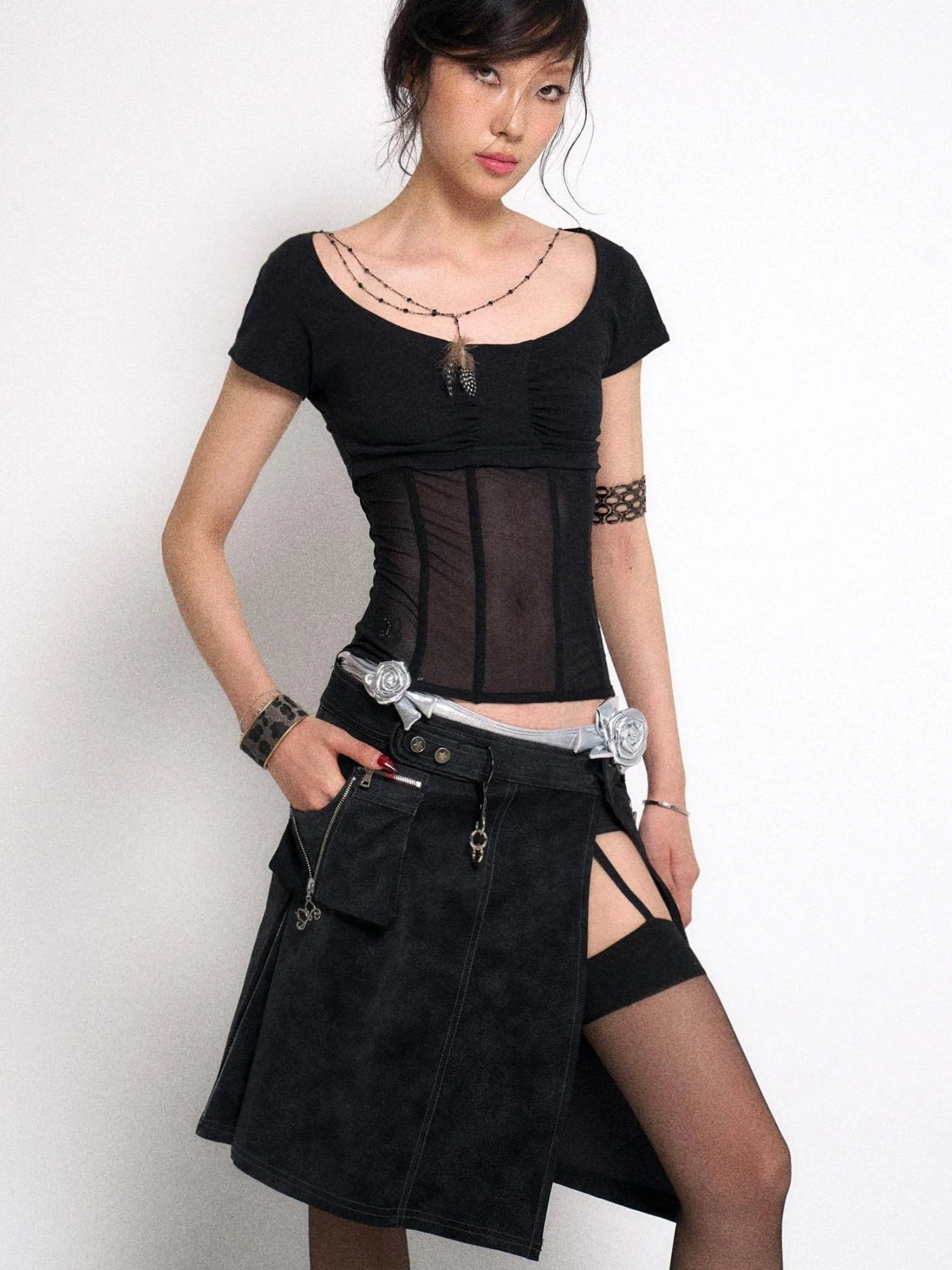 Mesh Stitching Knitted Waist Slim Fit T-Shirt