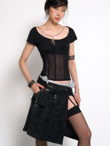 Mesh Stitching Knitted Waist Slim Fit T-Shirt