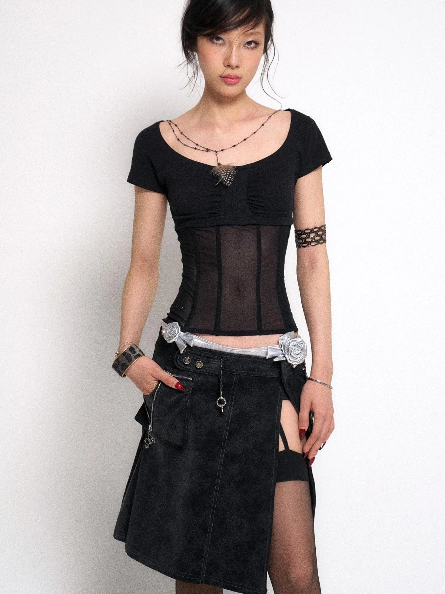 Mesh Stitching Knitted Waist Slim Fit T-Shirt
