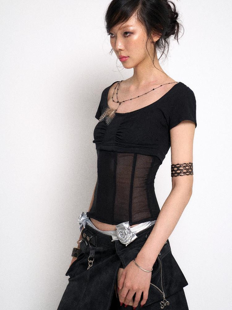 Flowers birds Market Mesh Stitching Knitted Waist Slim Fit T-Shirt