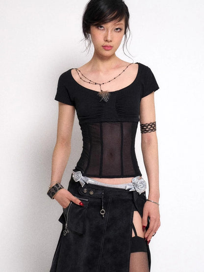 Mesh Stitching Knitted Waist Slim Fit T-Shirt