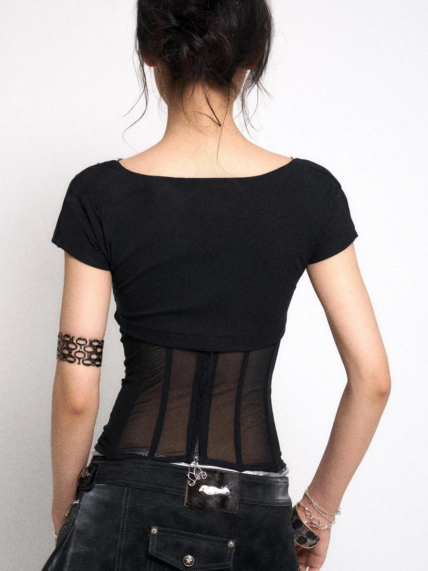 Mesh Stitching Knitted Waist Slim Fit T-Shirt