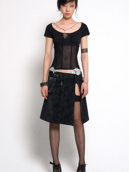 Mesh Stitching Knitted Waist Slim Fit T-Shirt