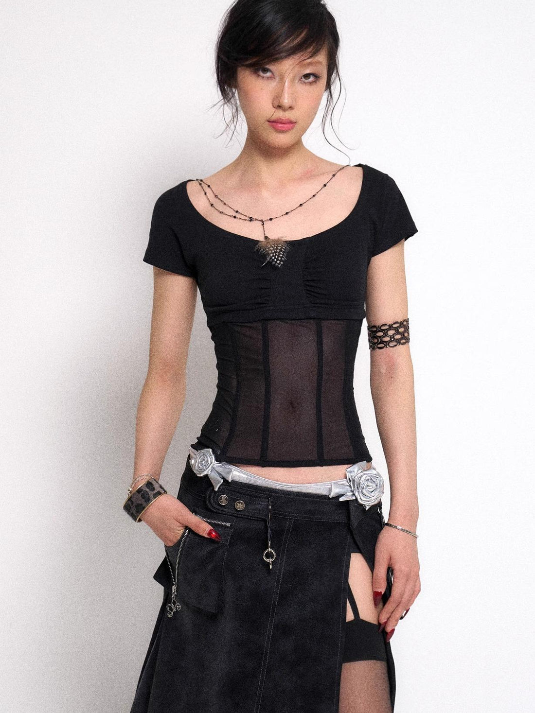 Flowers birds Market Mesh Stitching Knitted Waist Slim Fit T-Shirt
