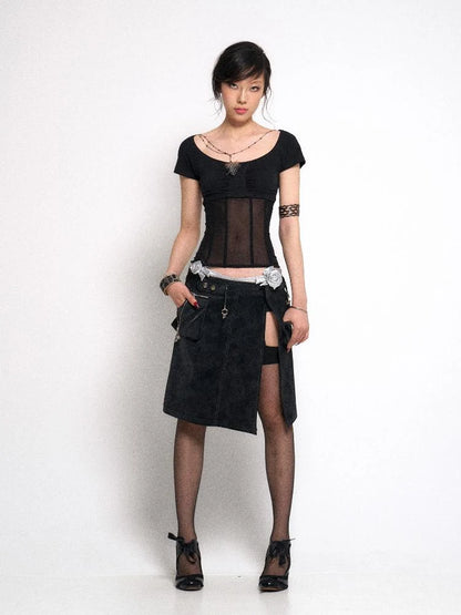 Mesh Stitching Knitted Waist Slim Fit T-Shirt