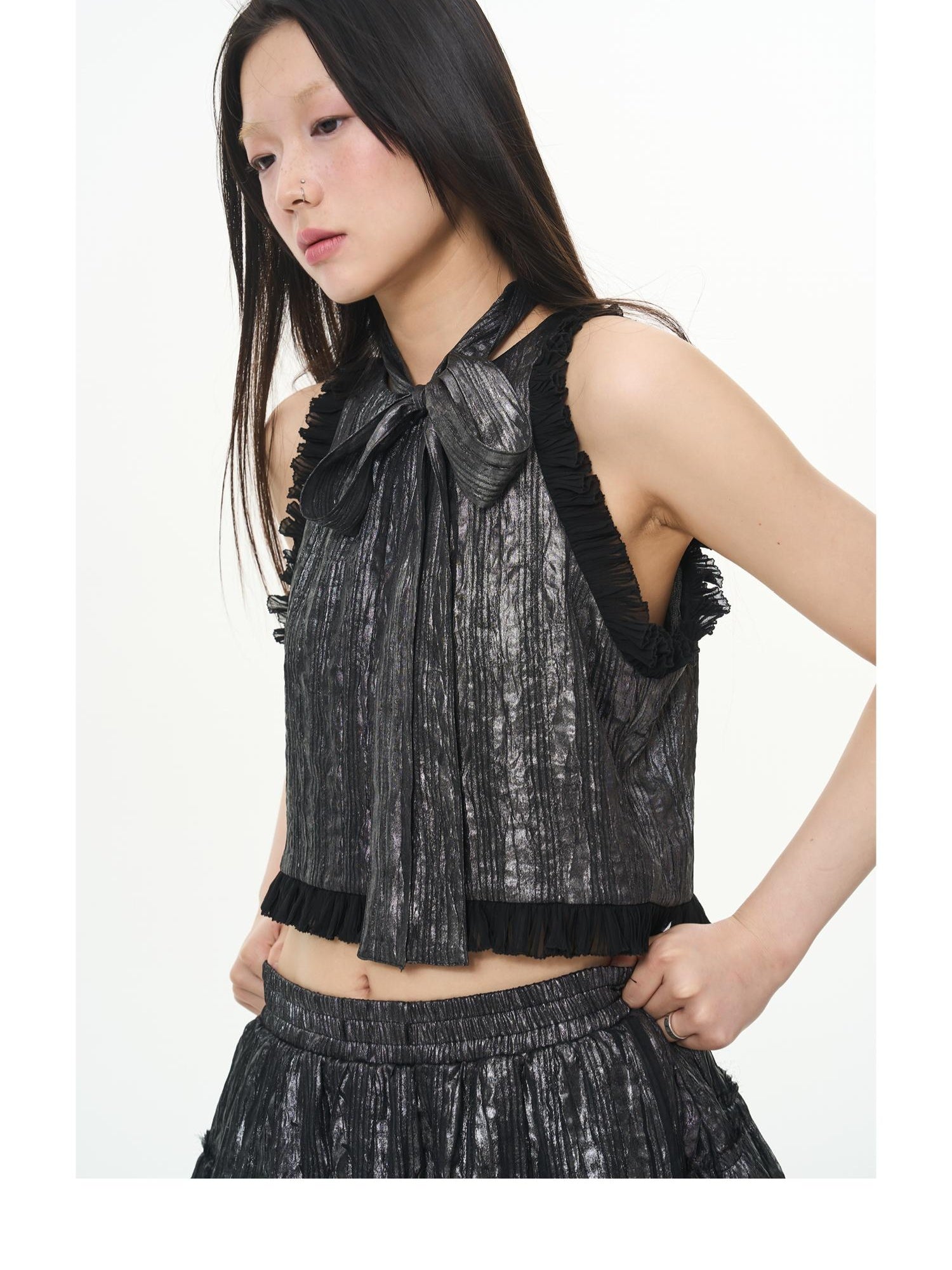 Metallic Coated Chiffon Sleeveless Lace Camisole Top