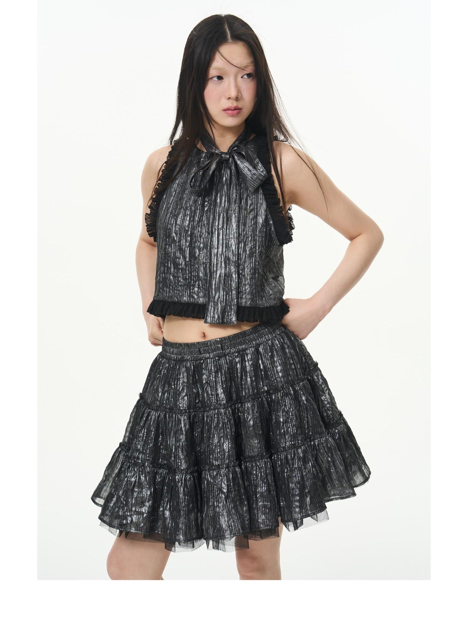 Metallic Coated Chiffon Sleeveless Lace Camisole Top