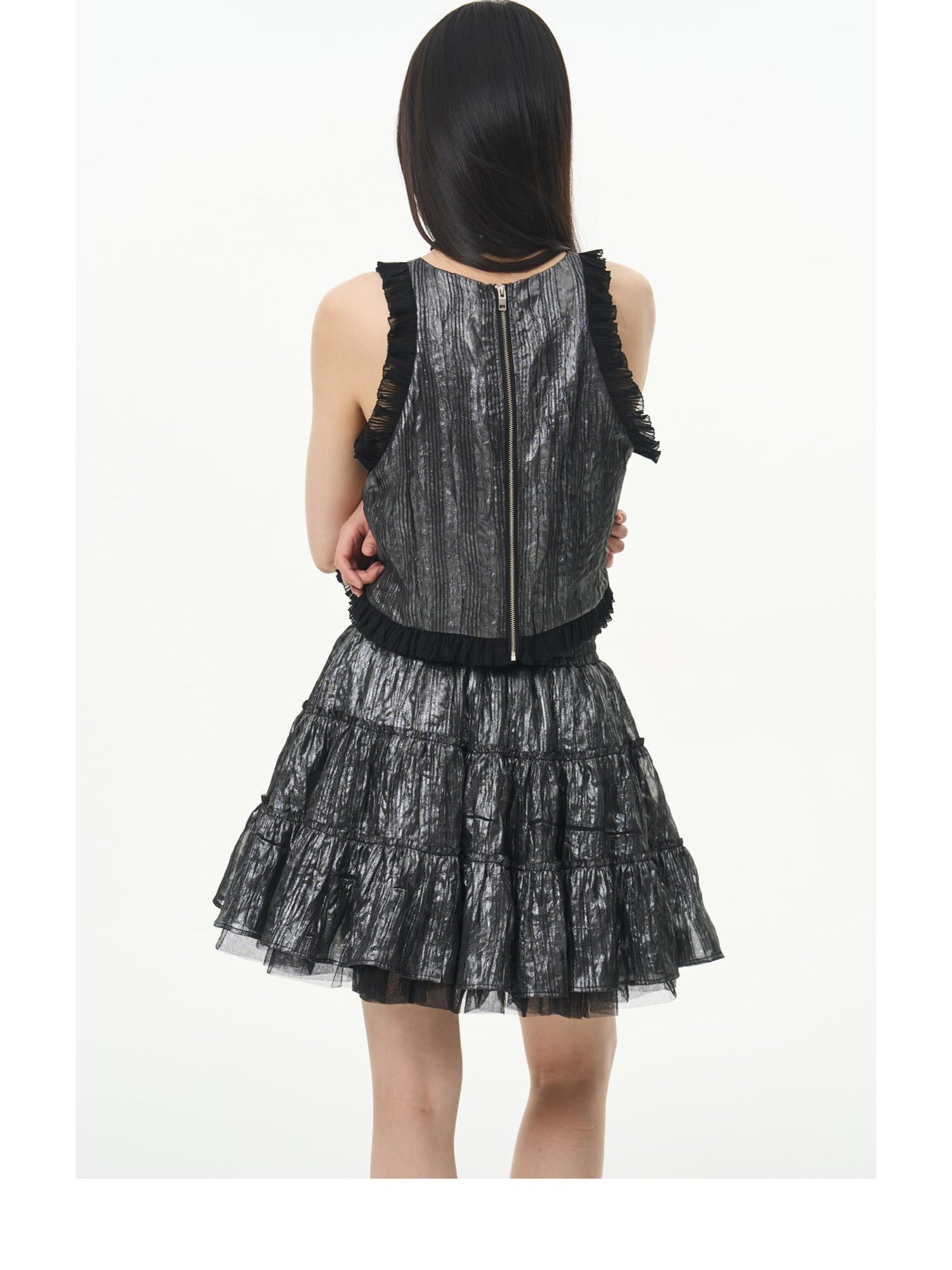 Metallic Coated Chiffon Sleeveless Lace Camisole Top