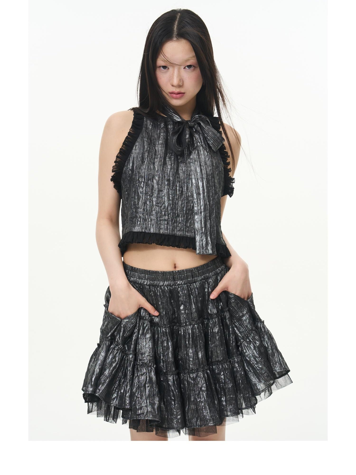 Metallic Coated Chiffon Sleeveless Lace Camisole Top