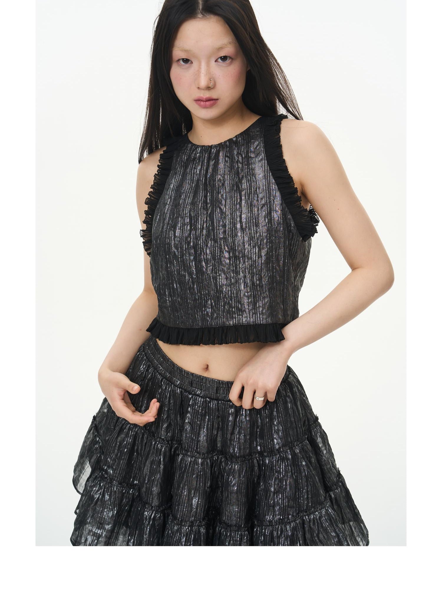 Metallic Coated Chiffon Sleeveless Lace Camisole Top