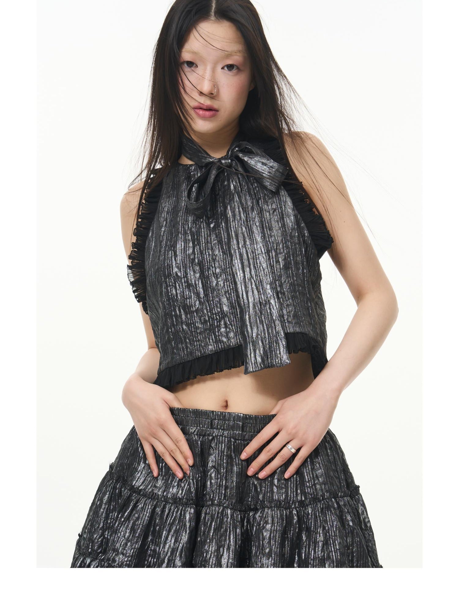 Metallic Coated Chiffon Sleeveless Lace Camisole Top