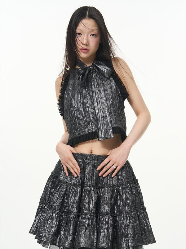 Metallic Coated Chiffon Sleeveless Lace Camisole Top