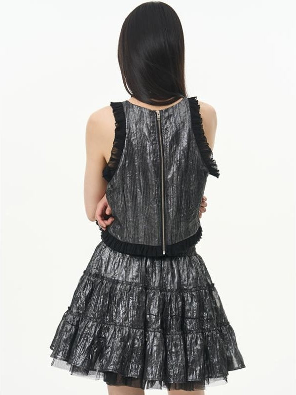 Metallic Coated Chiffon Sleeveless Lace Camisole Top