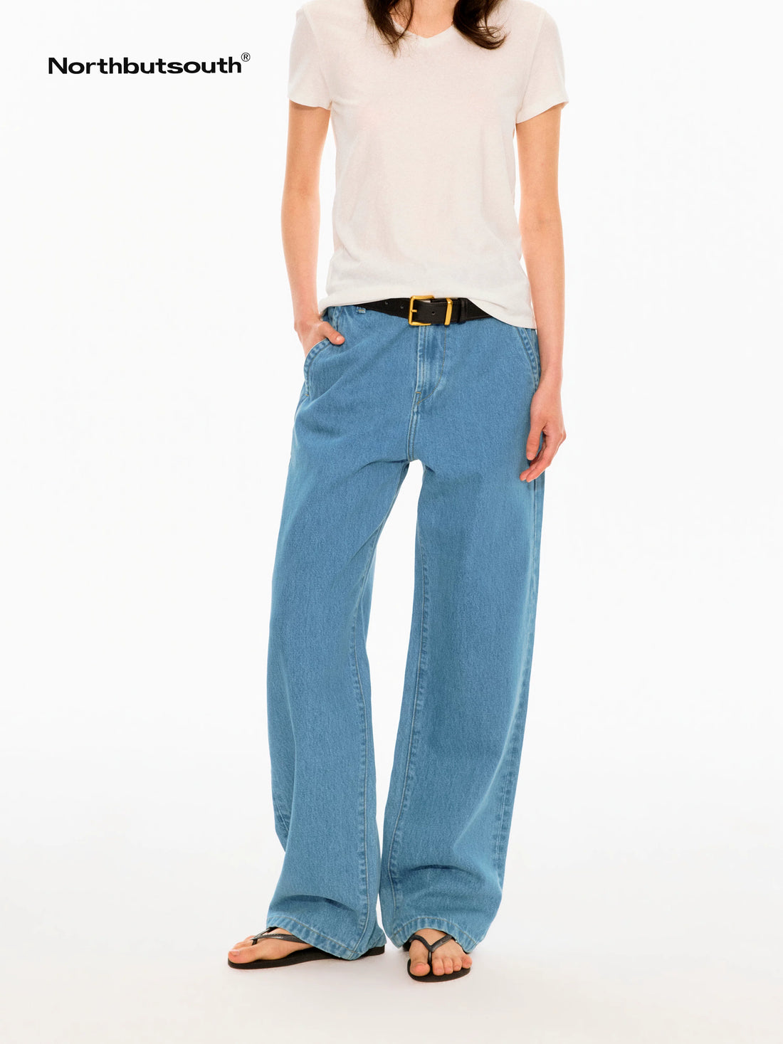Mid Blue Slant Pocket Adjustable Back Paris Button Women&