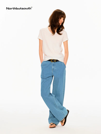 Mid Blue Slant Pocket Adjustable Back Paris Button Women&