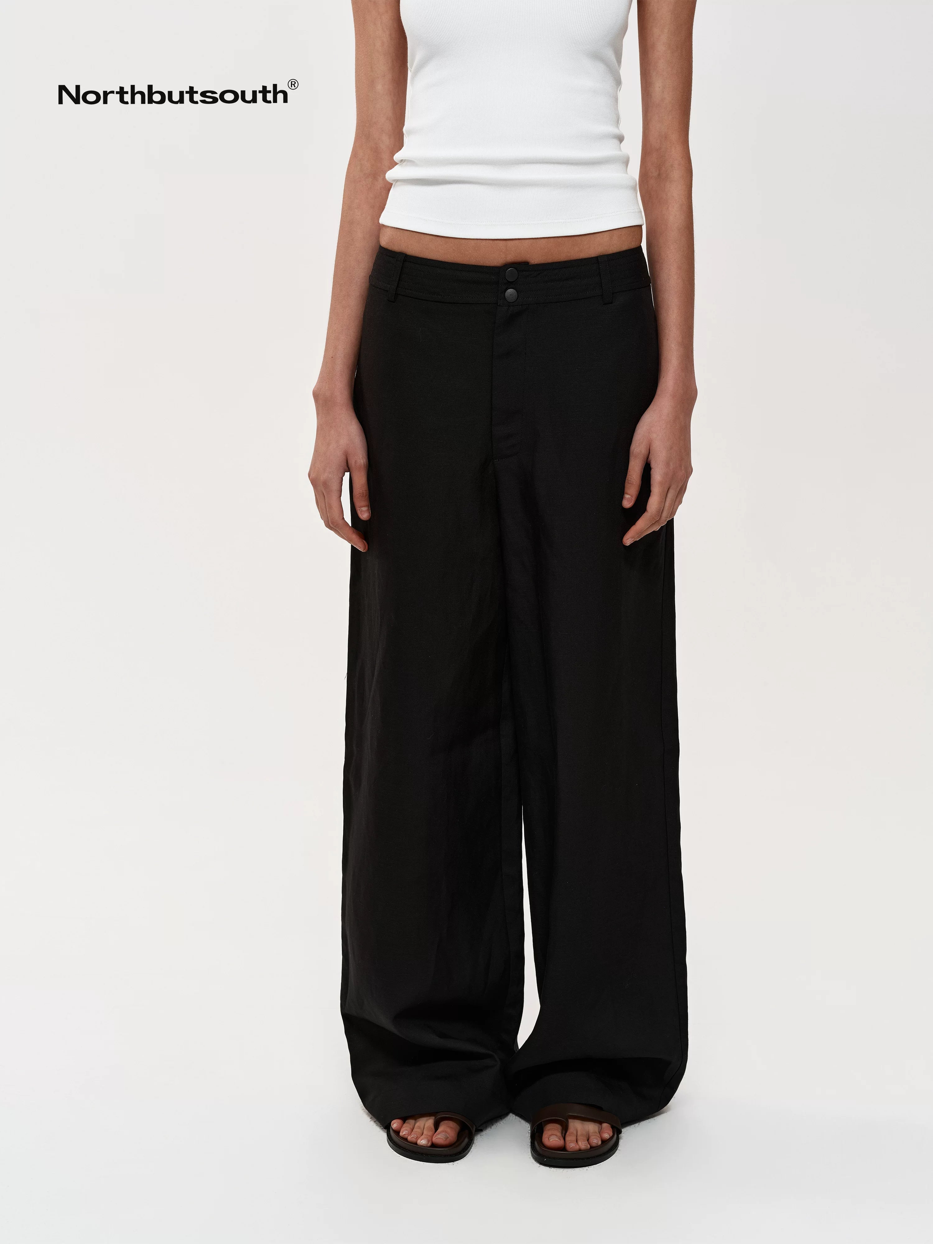Mid Rise Linen Blend Relaxed Fit Straight Leg Pants
