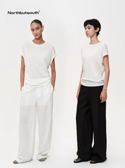 Mid Rise Linen Blend Relaxed Fit Straight Leg Pants