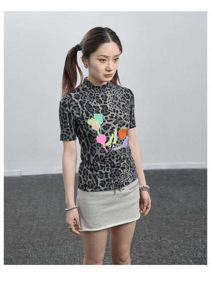 Achihara Summer Leopard Print Silk Blouse
