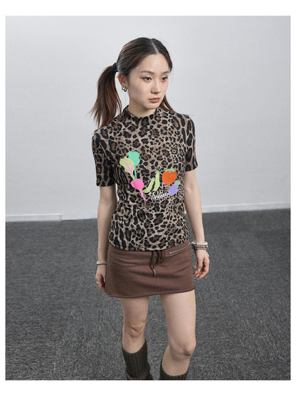 Achihara Summer Leopard Print Silk Blouse
