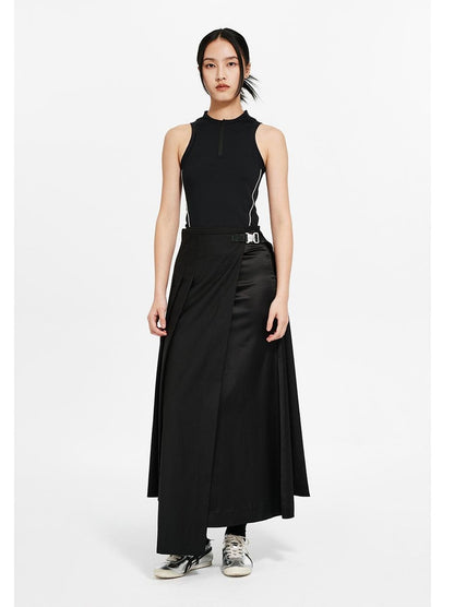 Military Button Multi-Fabric Asymmetrical Pleated Maxi Skirt