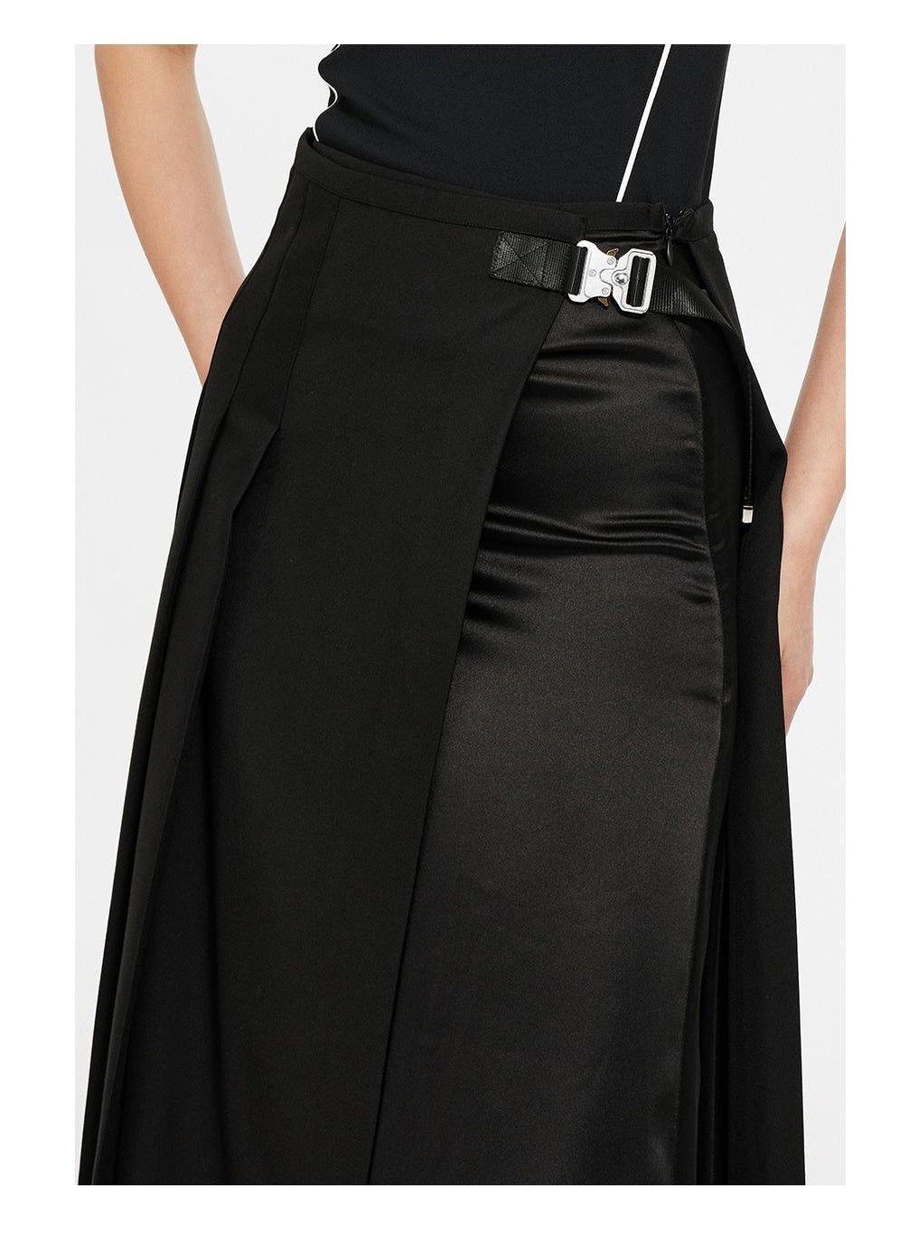 Military Button Multi-Fabric Asymmetrical Pleated Maxi Skirt