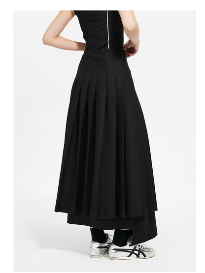 Military Button Multi-Fabric Asymmetrical Pleated Maxi Skirt