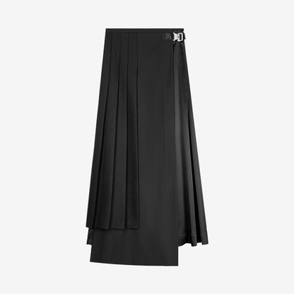 Military Button Multi-Fabric Asymmetrical Pleated Maxi Skirt