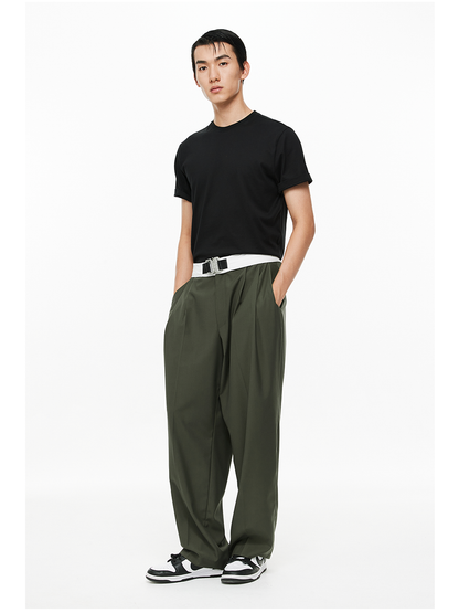 Military Button Waist Pleated Wide-Leg Trousers