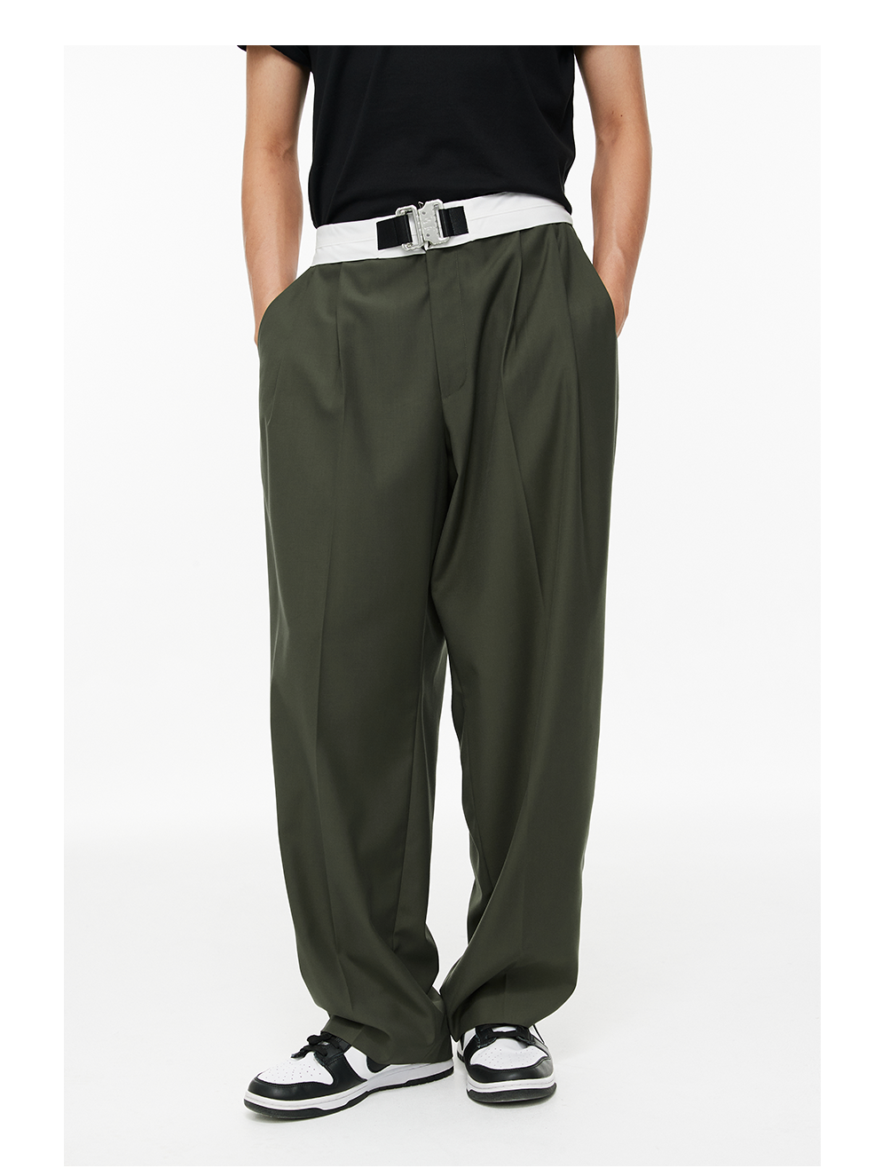 Military Button Waist Pleated Wide-Leg Trousers