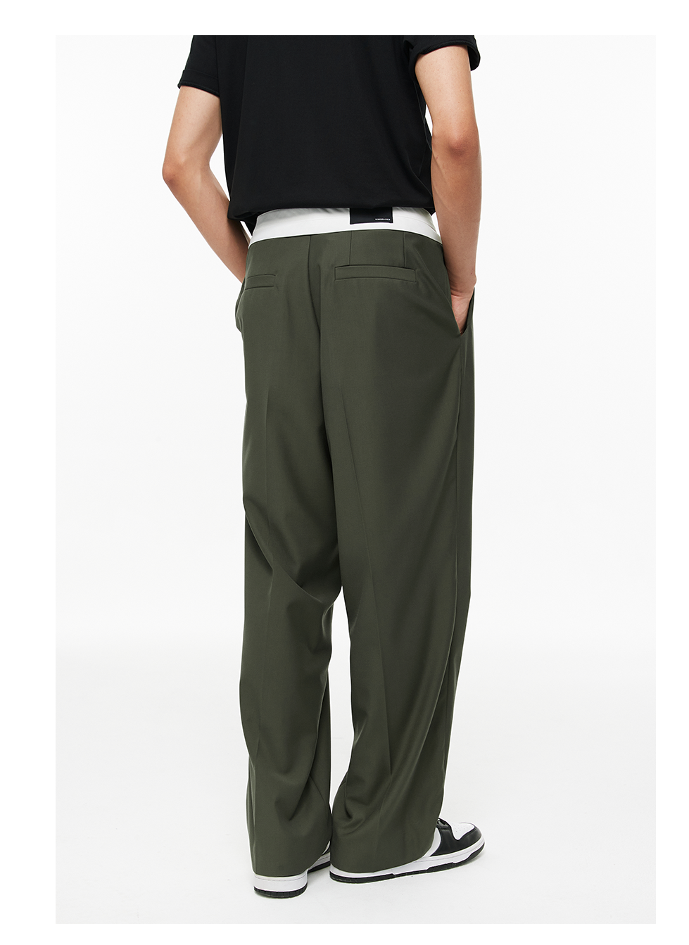 Military Button Waist Pleated Wide-Leg Trousers