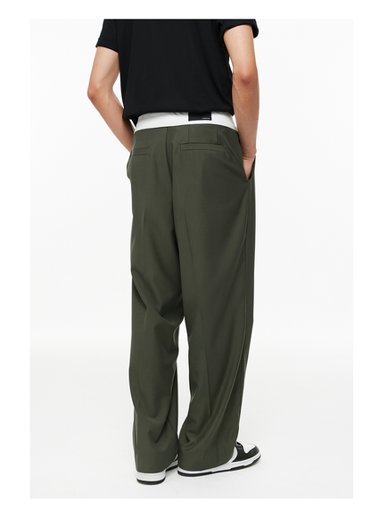 Military Button Waist Pleated Wide-Leg Trousers