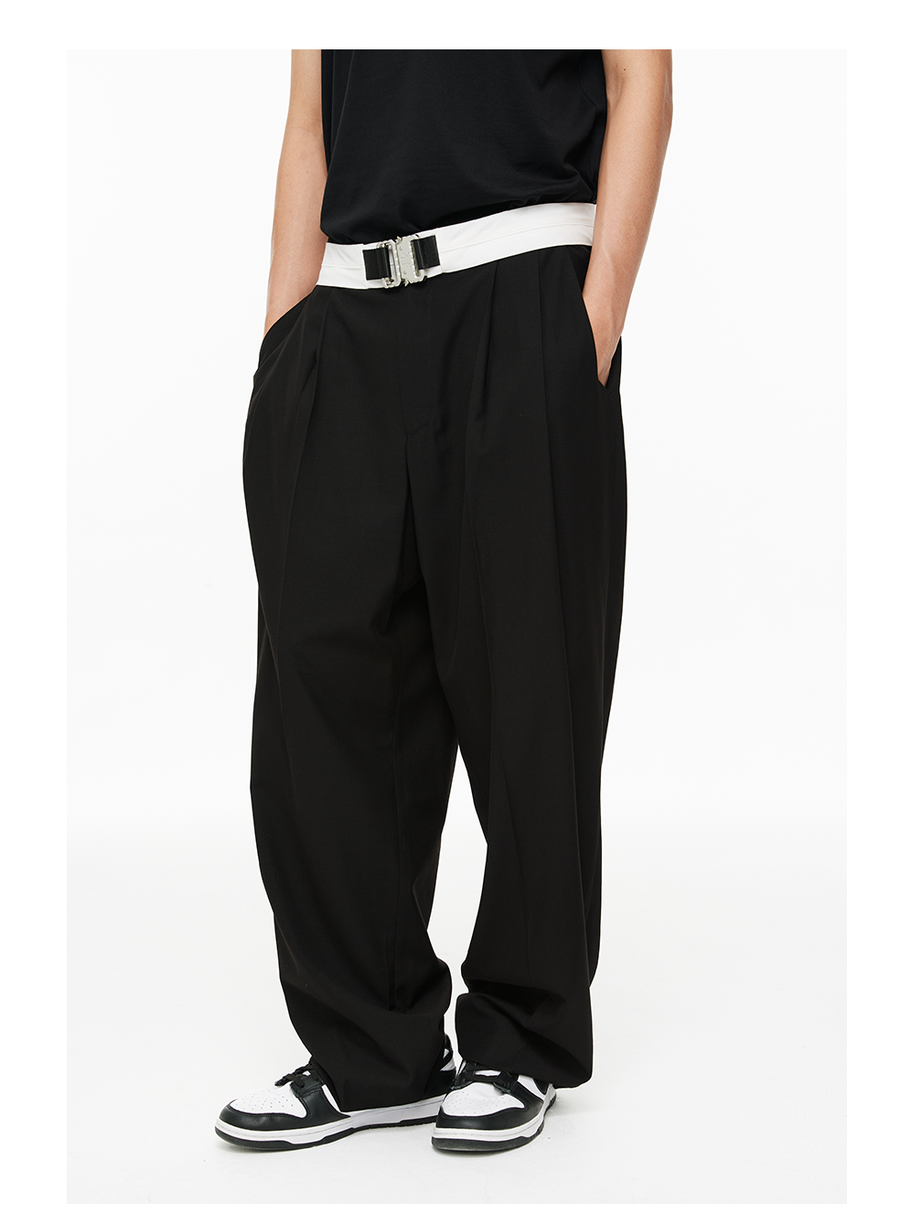 Military Button Waist Pleated Wide-Leg Trousers