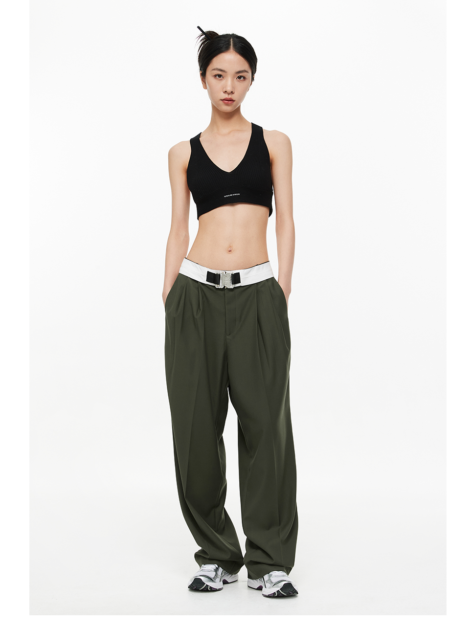 Military Button Waist Pleated Wide-Leg Trousers