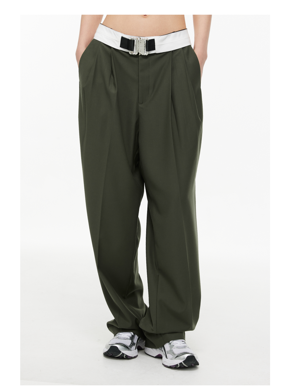 Military Button Waist Pleated Wide-Leg Trousers