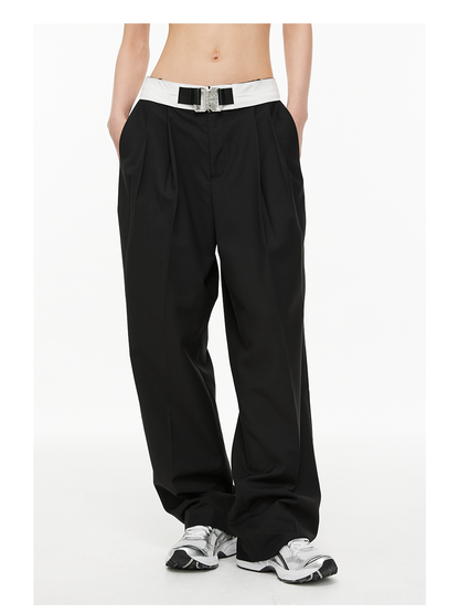 Military Button Waist Pleated Wide-Leg Trousers