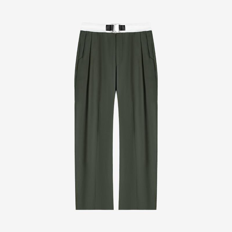 Military Button Waist Pleated Wide-Leg Trousers